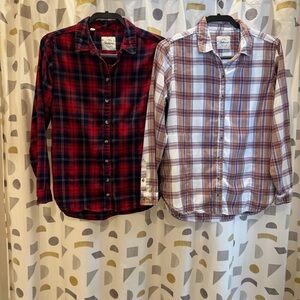 Pair of Plaid Button-Up Shirts - Red/Black & White/Brown Plaid